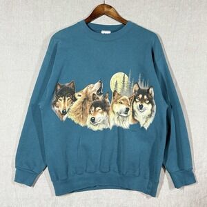 Vintage Habitat 92 Wolves Howling At Moon Front And Back Sweatshirt USA Large